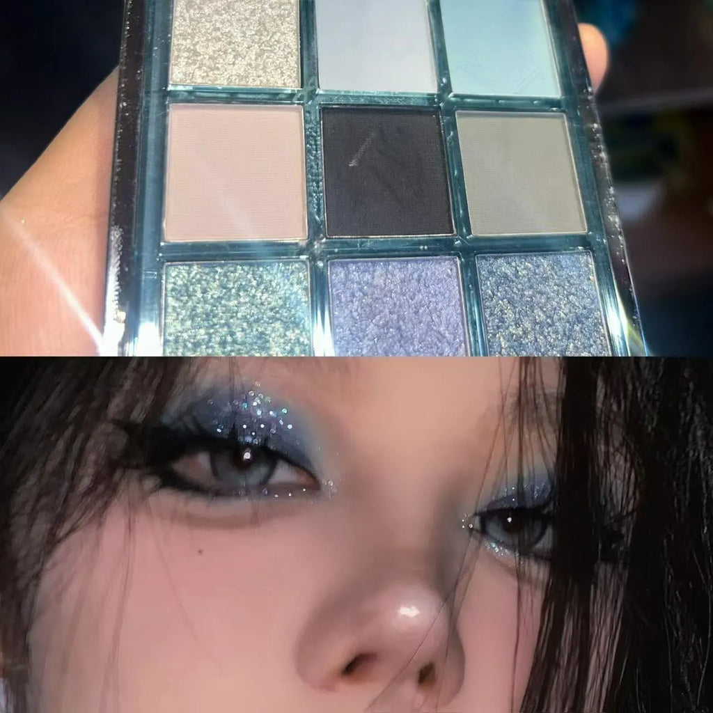 MUGELEEN nine-colour eyeshadow palette showing low saturation blue and earth tones with diamond debris effect