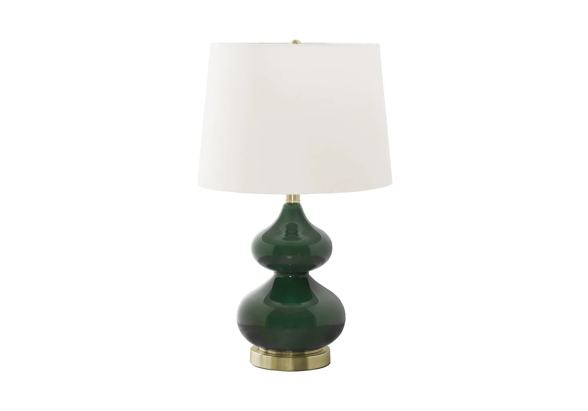 Blue cloth shade desk lamp with a clear crystal glass base on a wooden desk.