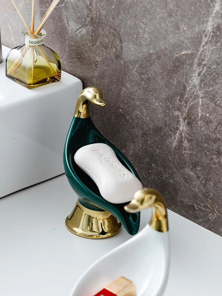 Ceramic swan soap dish rack with cover in white or green, single soap holder for bathroom or kitchen