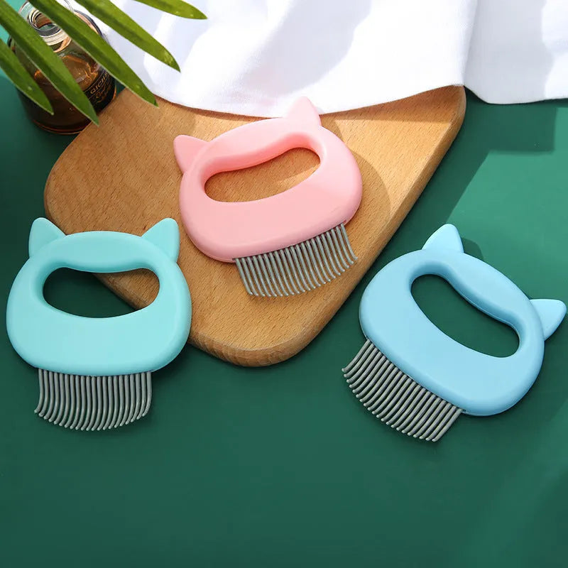 ABS plastic cat massage comb in blue, green, and pink colours, 10x9 cm, for grooming long and short haired cats