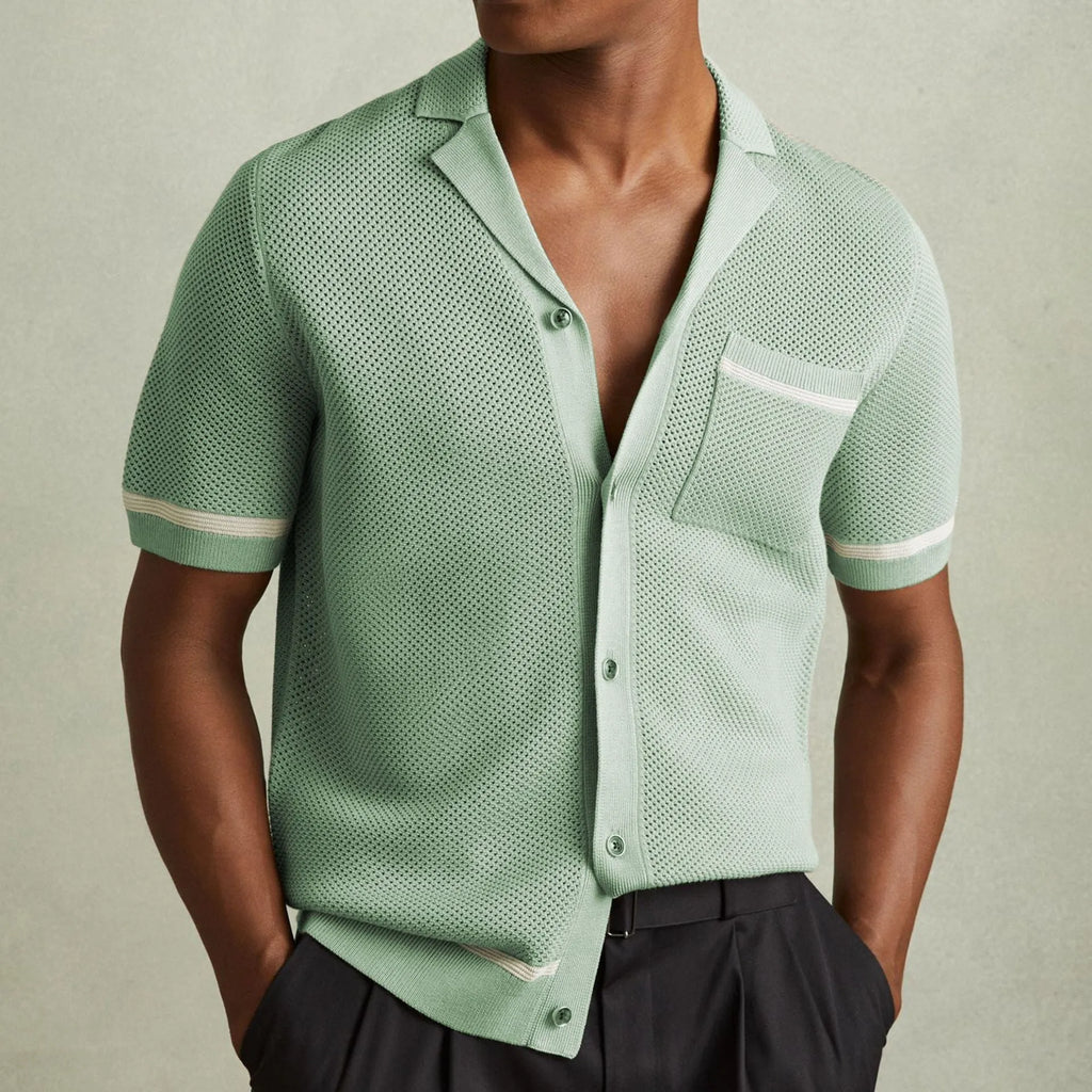 Men's Cuban collar short sleeve polo shirt in blue featuring flocking texture detail, regular fit, Tencel viscose fabric