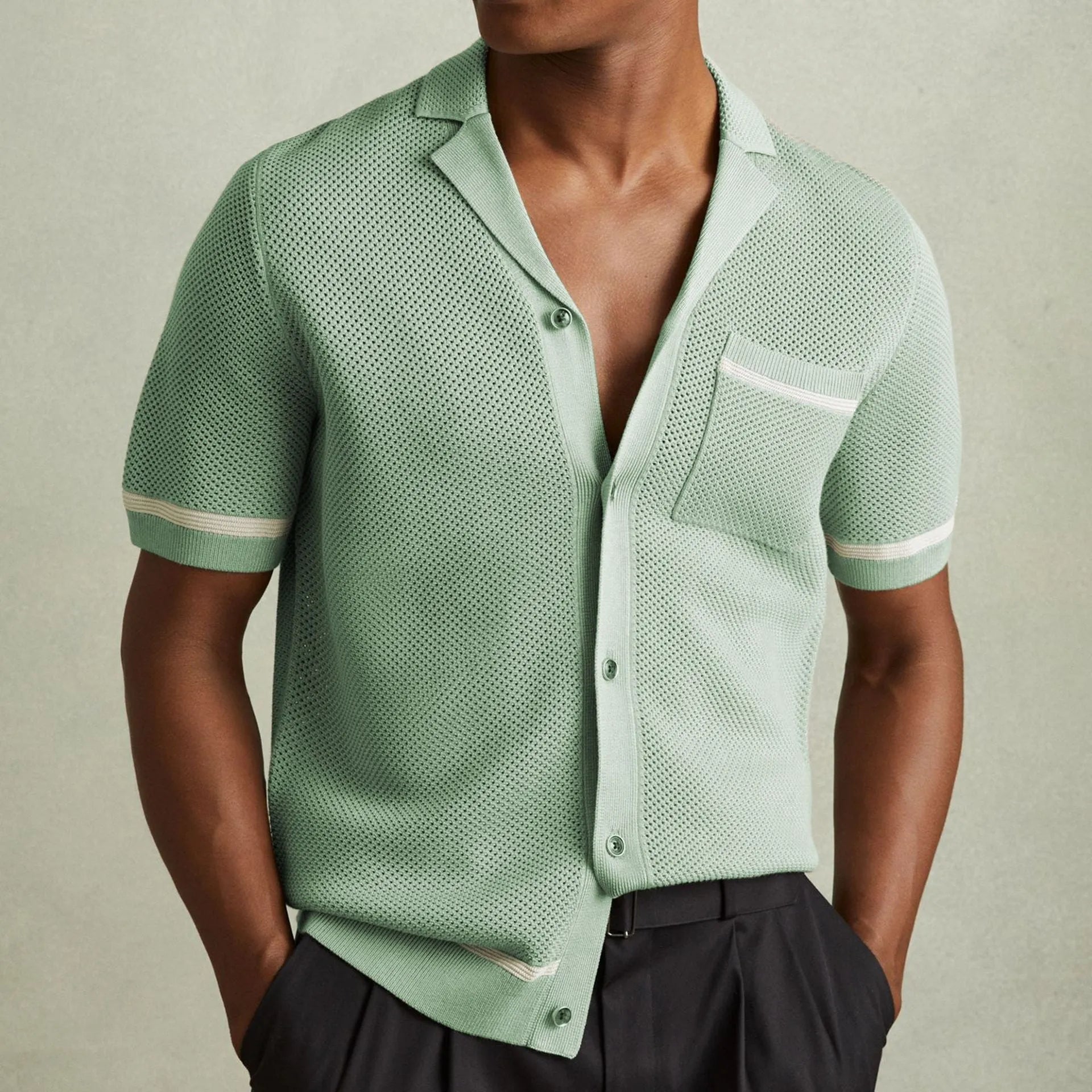 Men's Cuban collar short sleeve polo shirt in blue featuring flocking texture detail, regular fit, Tencel viscose fabric