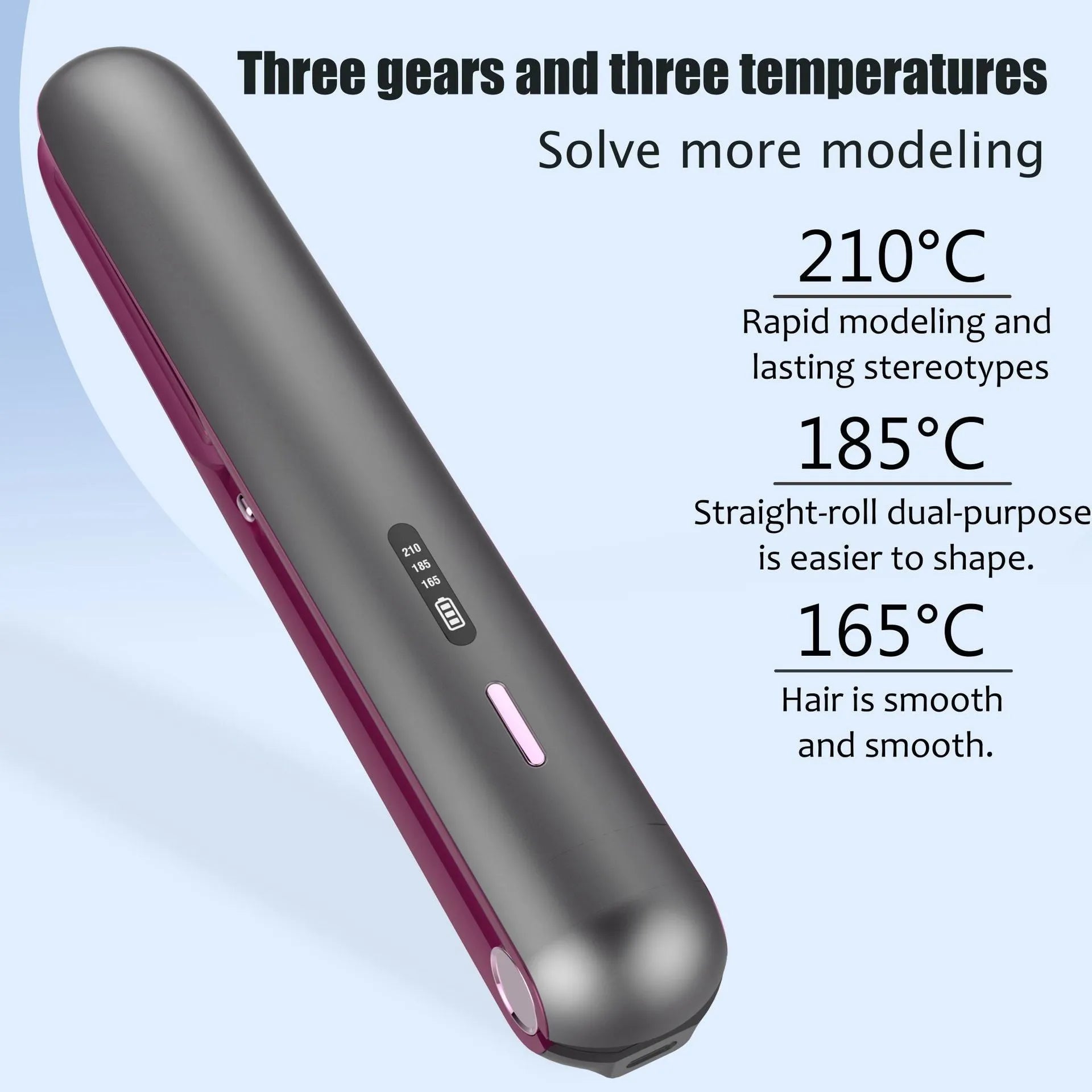 Moon shadow grey wireless hair straightener with ceramic plates and temperature dial.