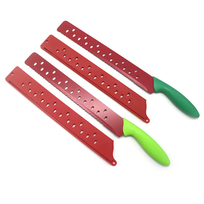 Stainless steel watermelon cutter with long blade and alloy handle on white background
