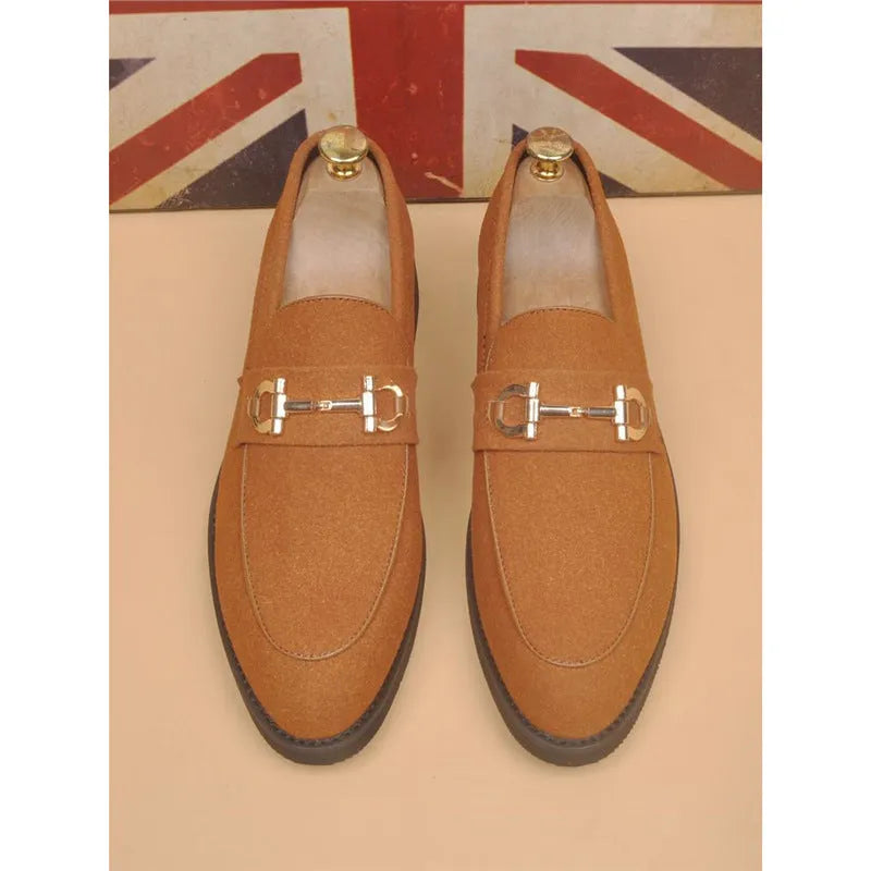 Men's casual black suede leather shoes with pointed toe and low top construction, side view