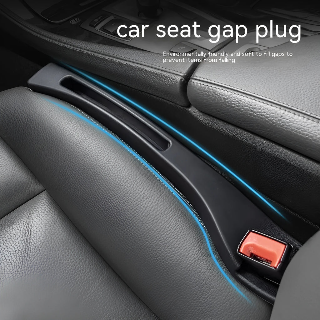 Black plastic car seat gap storage box organising items between vehicle seats