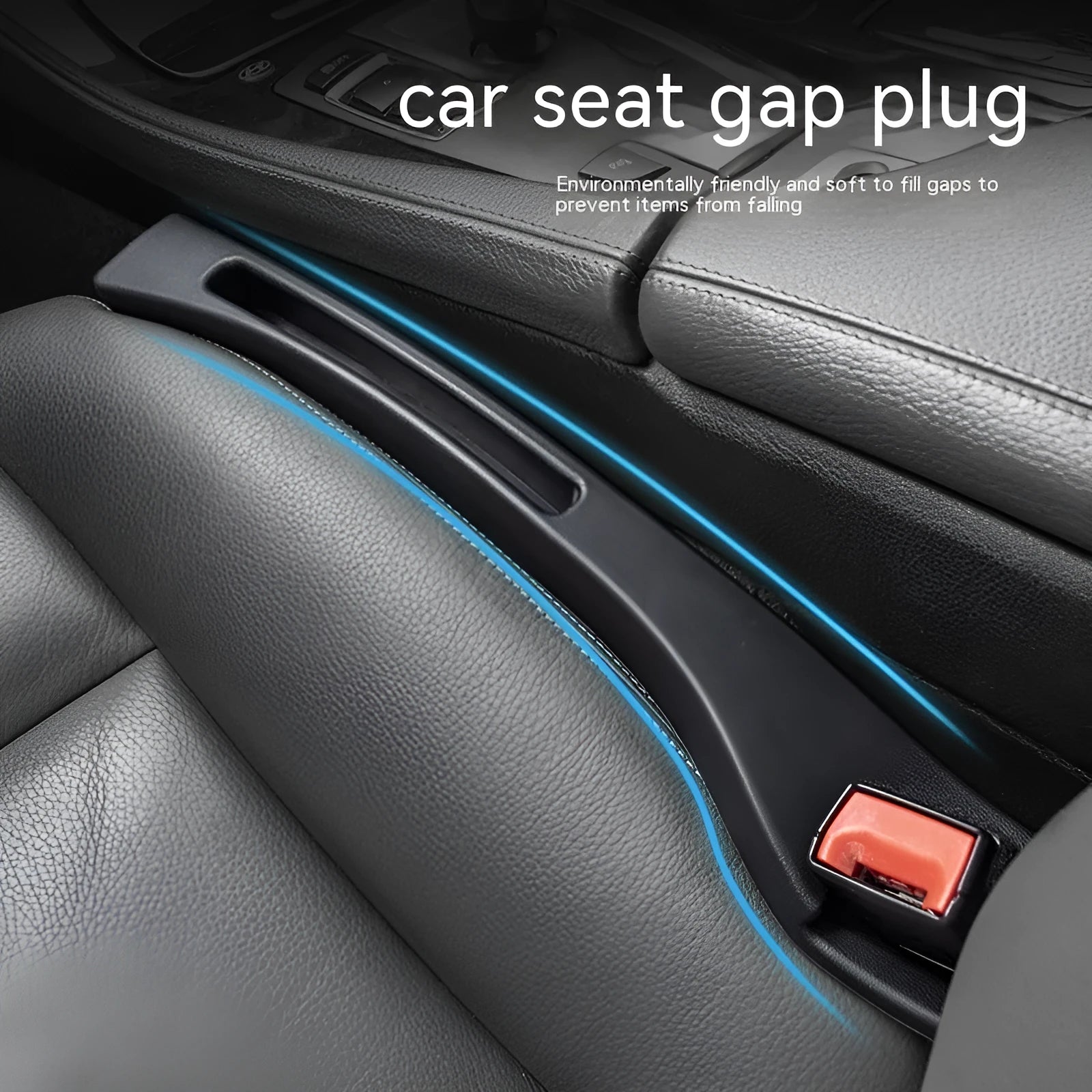 Black plastic car seat gap storage box organising items between vehicle seats
