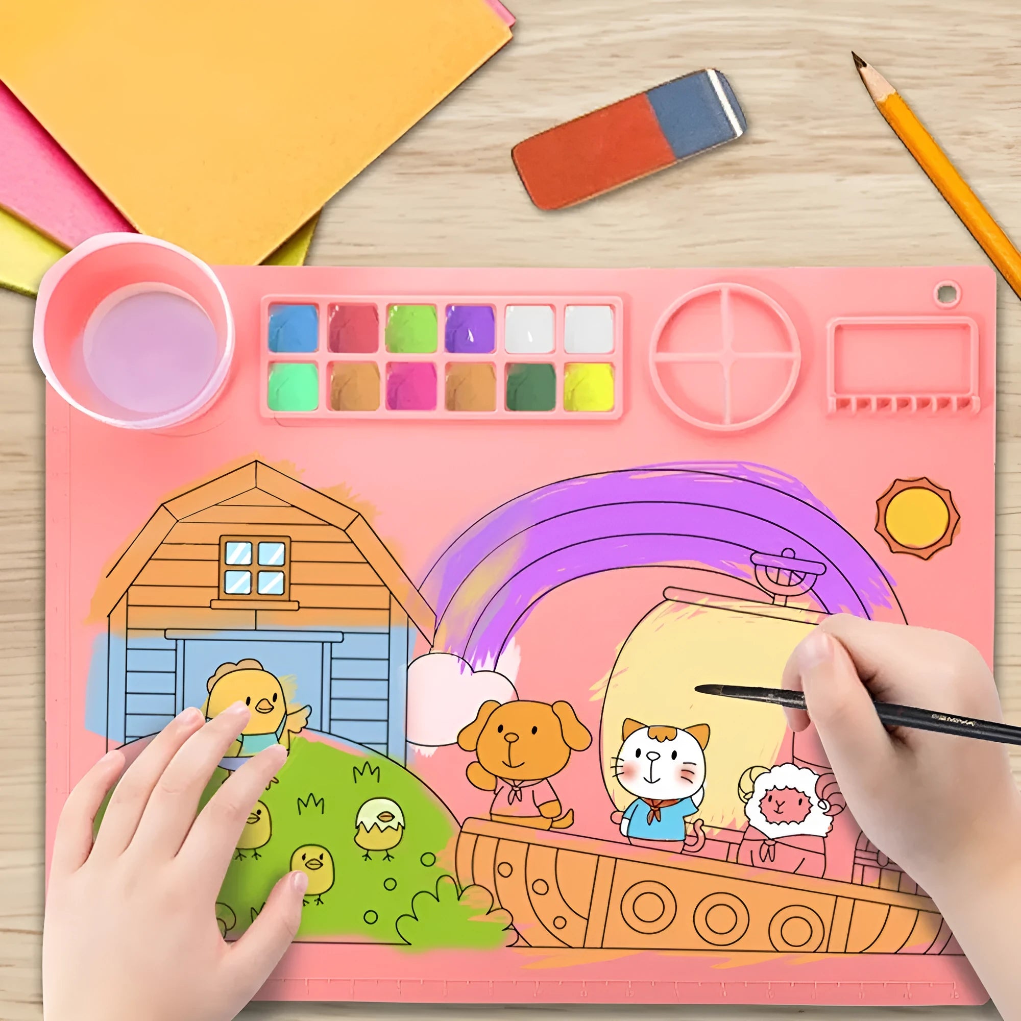 Silicone painting mat with double bowl design for watercolour painting in various colours