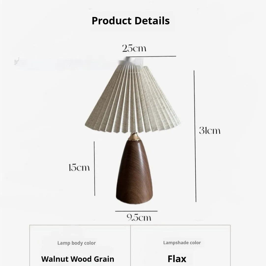 Nordic retro ceramic table lamp with pleated floral shade and remote control on a wooden bedside table.