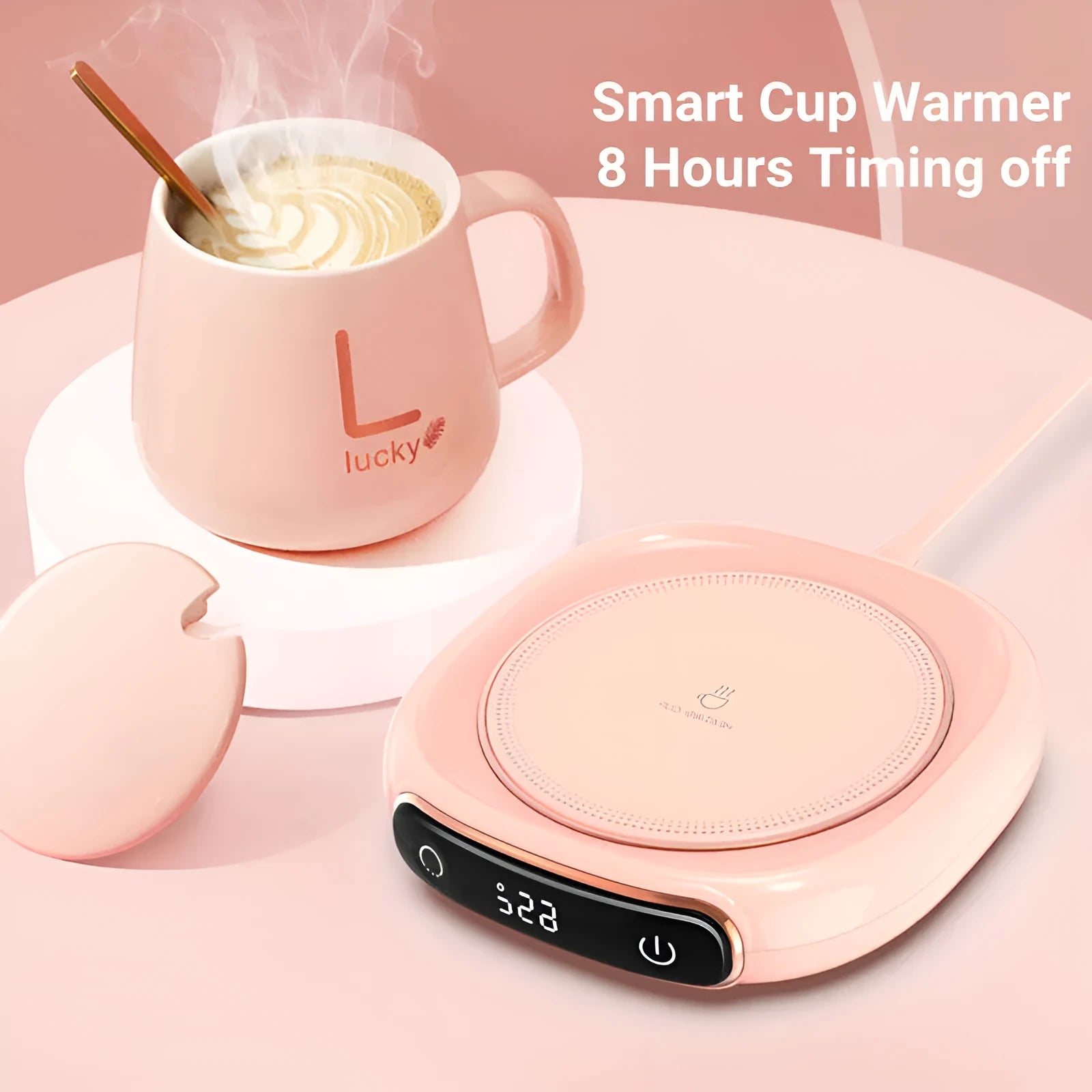 White USB-powered coffee mug warmer coaster on a wooden desk