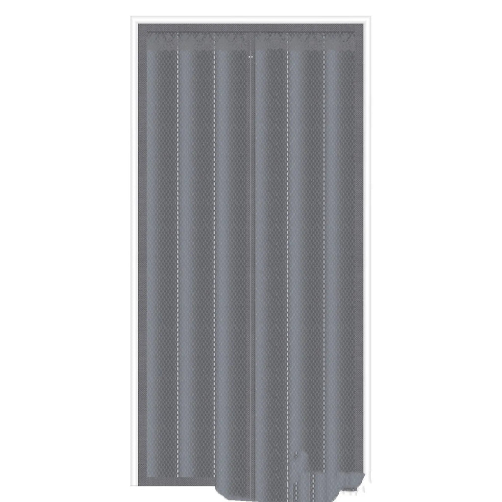 Magnetic strip cotton door curtain in a grey diamond lattice pattern, shown hanging over a doorway.