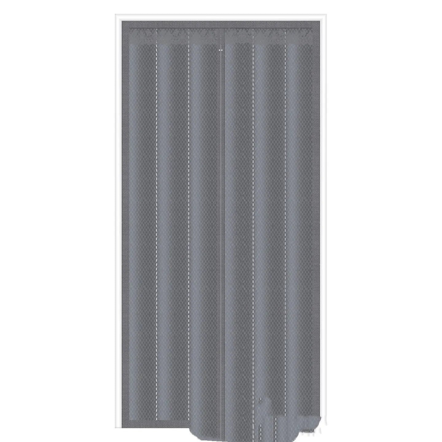 Magnetic strip cotton door curtain in a grey diamond lattice pattern, shown hanging over a doorway.