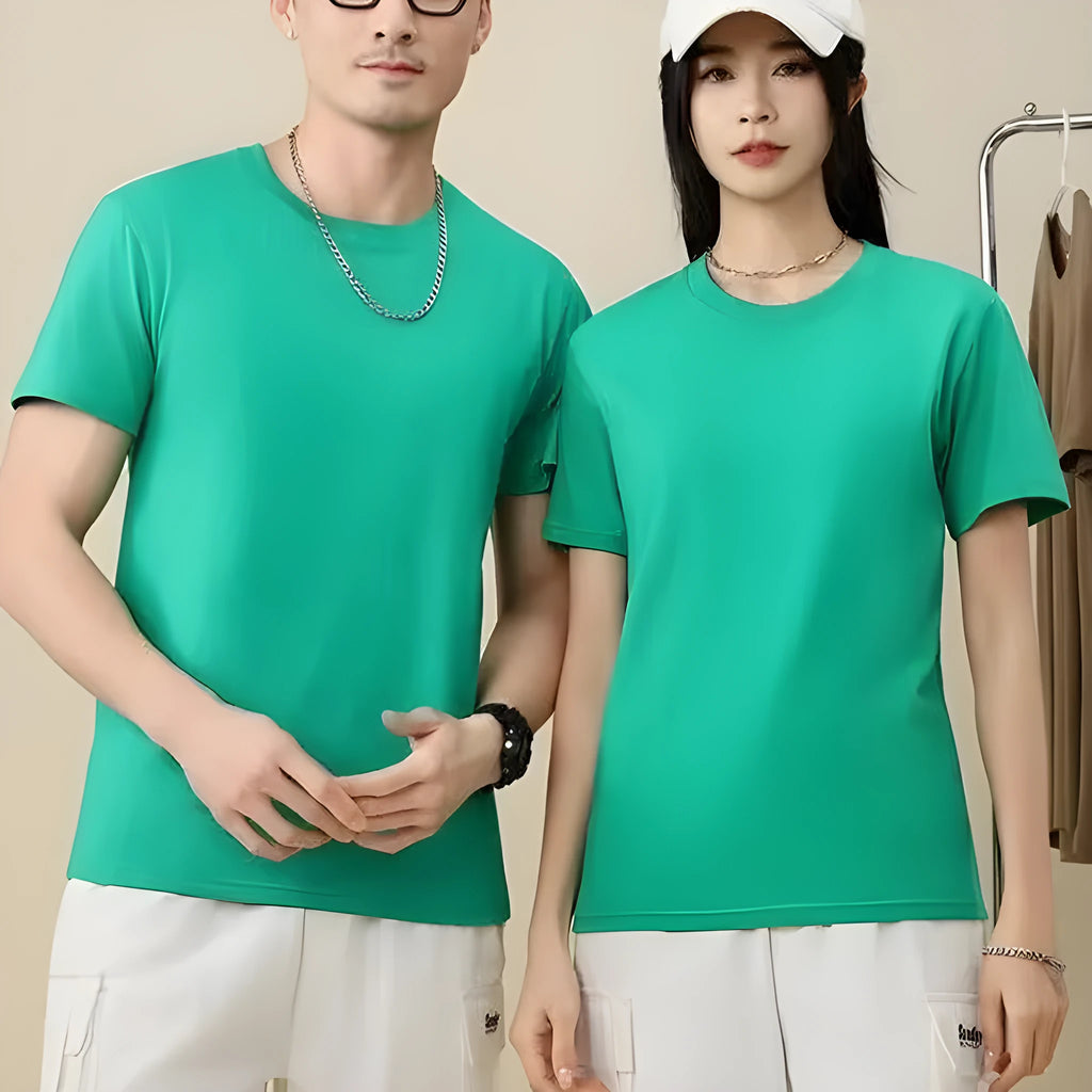 A loose-fit, thick cotton T-shirt in a solid colour, shown on a hanger.