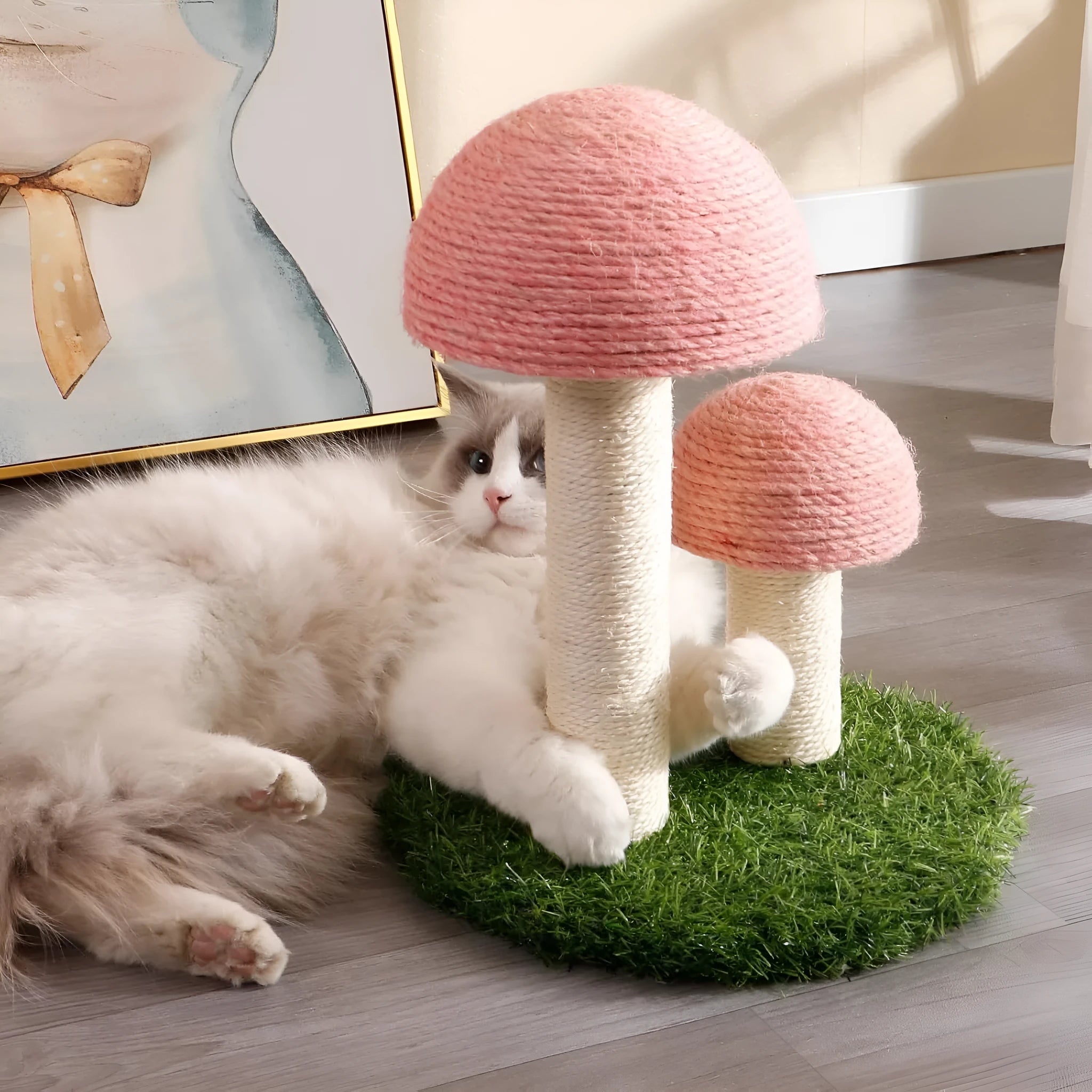 Pink mushroom-shaped cat scratching post with natural sisal rope for kittens and small cats