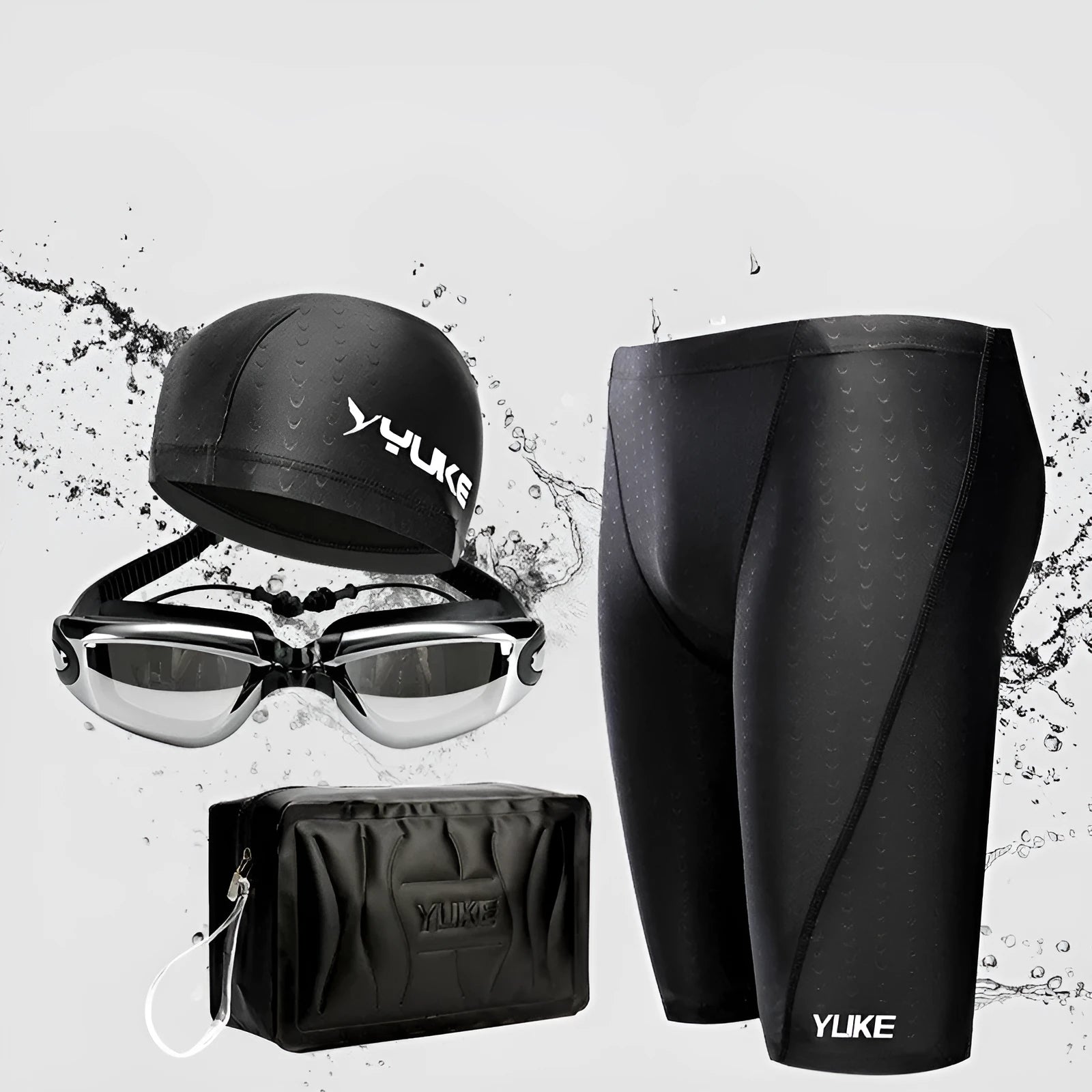 Men's black 5-piece swimming set showing swimming trunks, goggles, cap, ear plugs with nose clip, and carrying bag