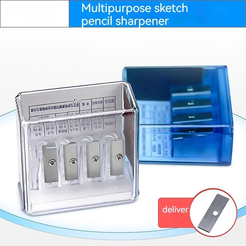 Geometric plastic pencil sharpener with four holes, shown with blades and a screwdriver.
