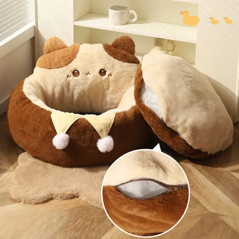 Round pet bed cushion with soft polyester cover and PP cotton filling for cats and small dogs