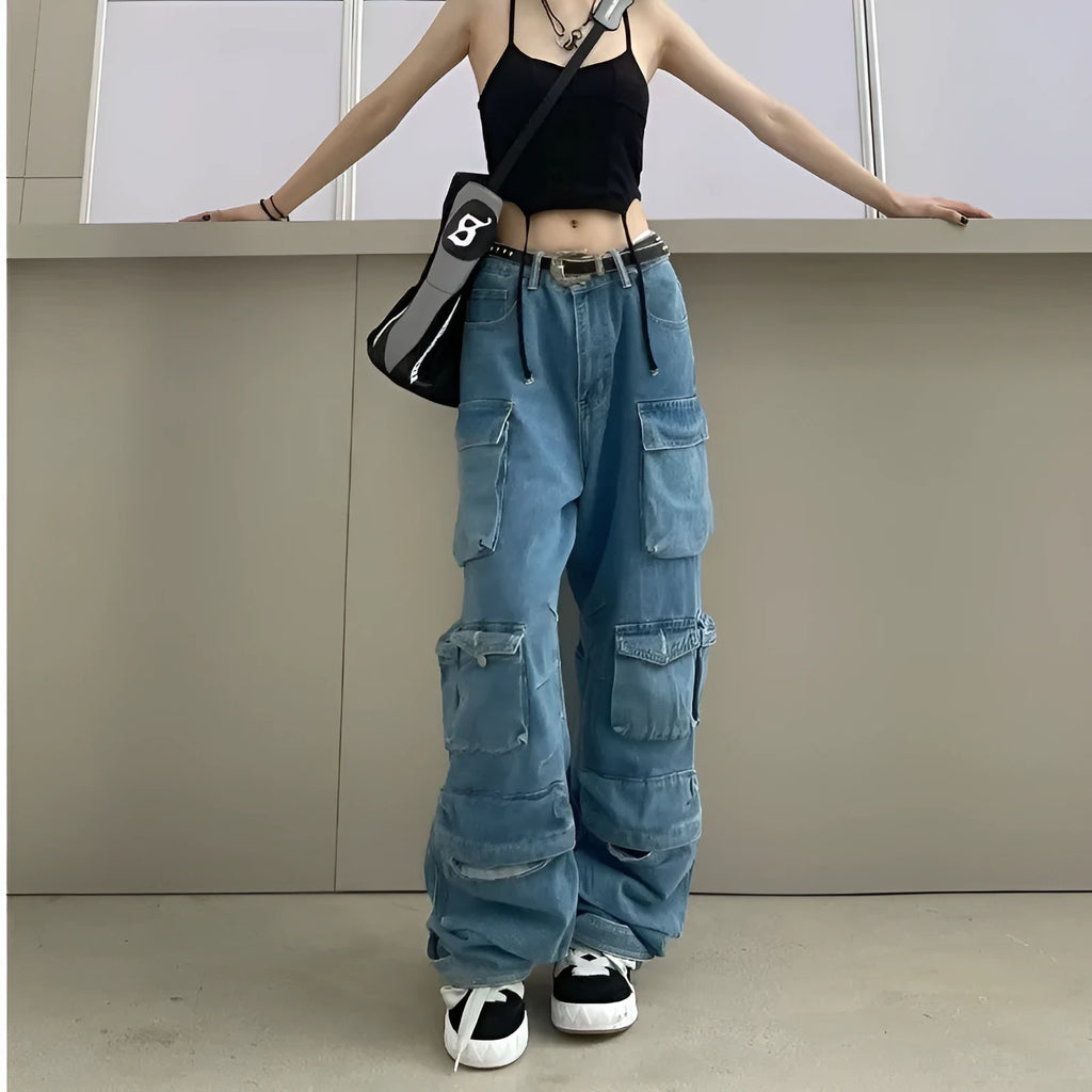 Women's high waist tie-dyed denim trousers with wide leg silhouette and multiple pockets in street hipster style