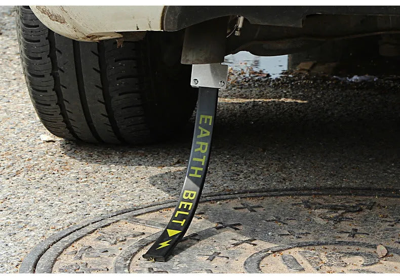 Black rubber vehicle electrostatic grounding strap, 37cm long, for preventing static shocks on cars and vans.