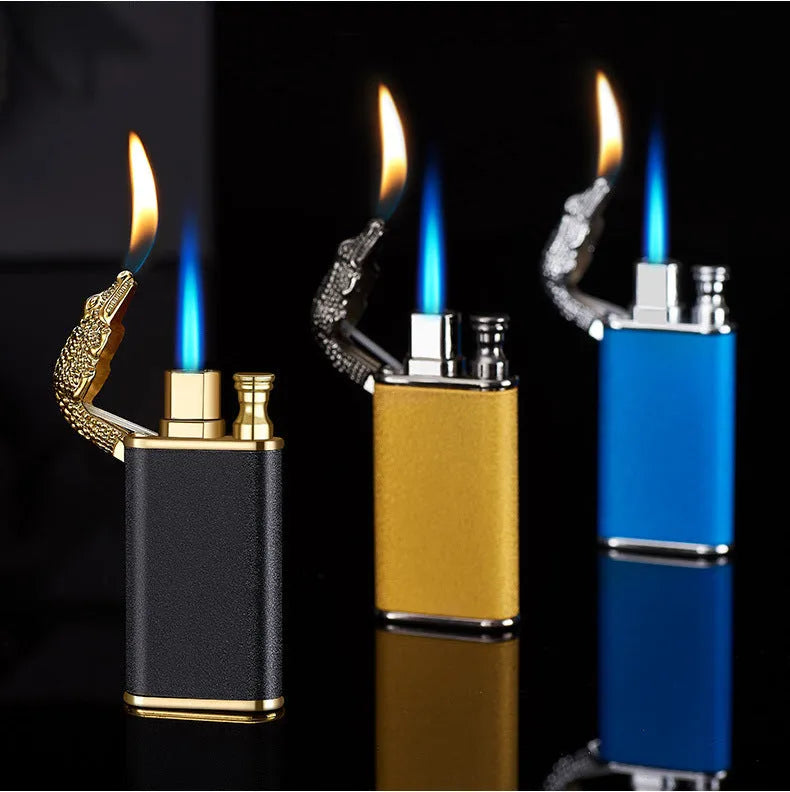 Metal windproof lighter with dragon sculpture and double blue flame