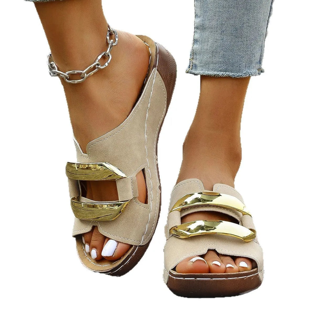 Roman style platform sandals in white, black, khaki, and blue on a solid colour background.