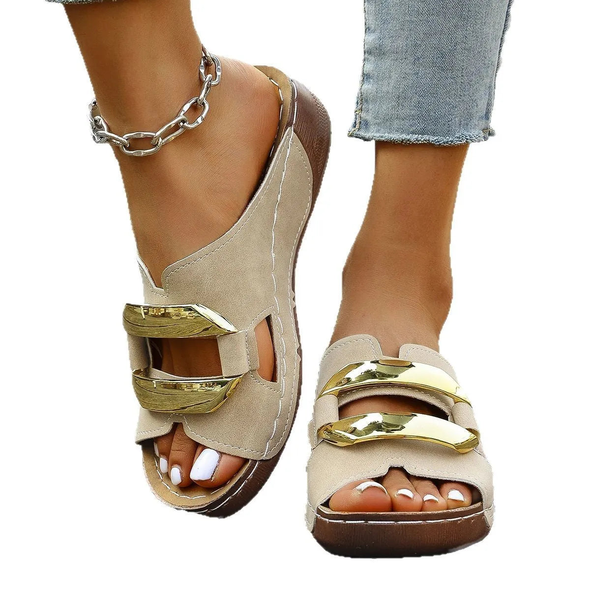 Roman style platform sandals in white, black, khaki, and blue on a solid colour background.