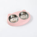 Blue pastel plastic double bowl pet feeder tray for cat or dog food and water.