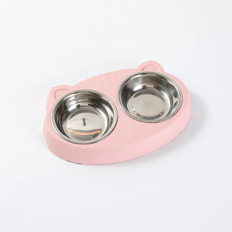 Blue pastel plastic double bowl pet feeder tray for cat or dog food and water.