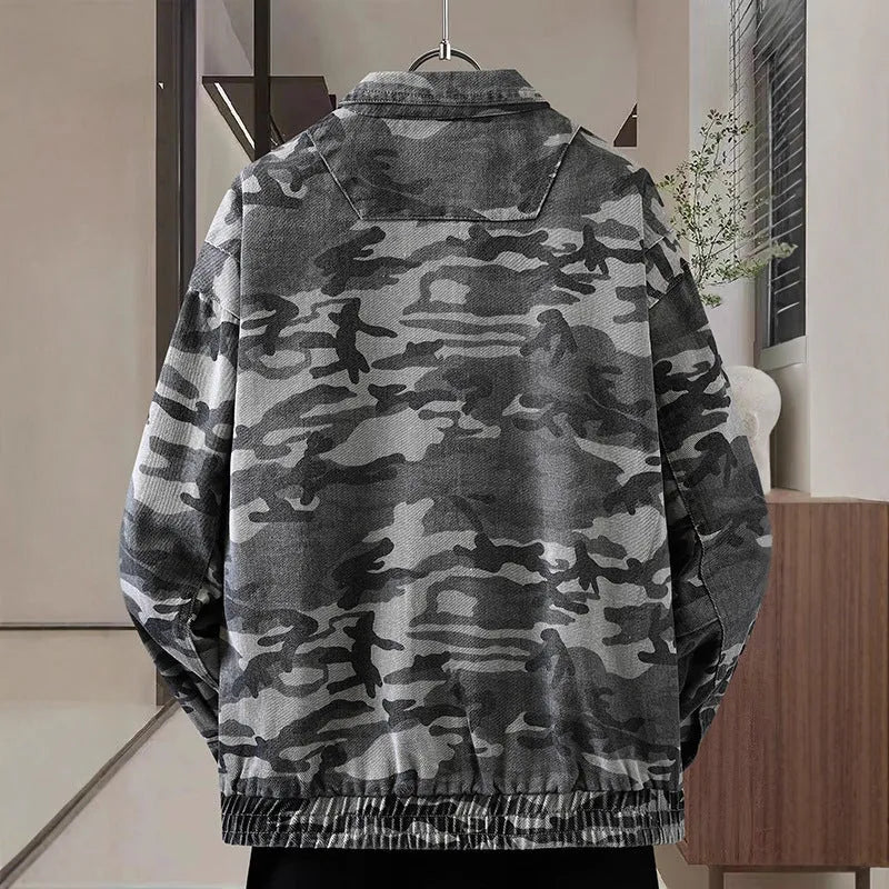 Men's camouflage polo collar jacket in cotton, regular fit, dark green camouflage colour, spring autumn daily wear
