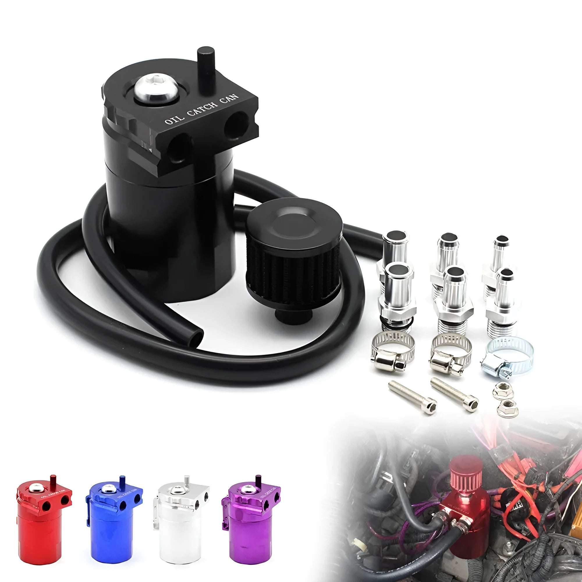 Aluminium alloy car engine oil breathable pot air filter in red, blue, black, and silver colours.