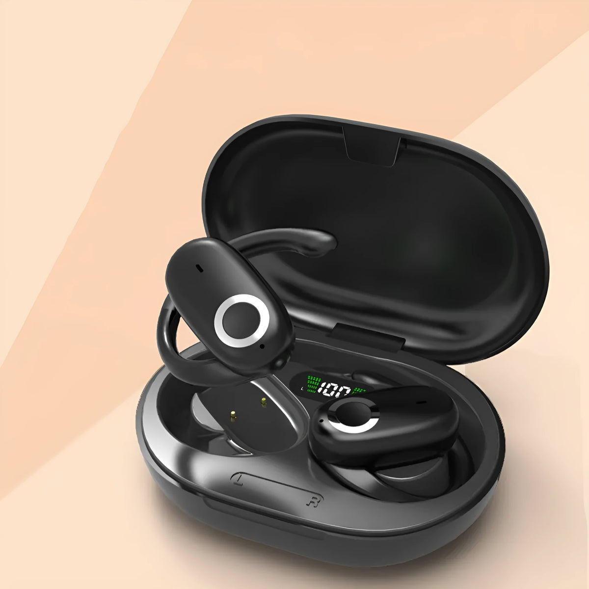 Rotating wireless Bluetooth headset with digital display, ear-mounted plastic design, black colour option