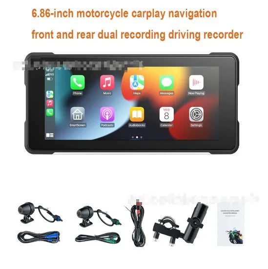 6.86-inch motorcycle CarPlay screen with dual lens driving recorder, IP68 waterproof, touch display