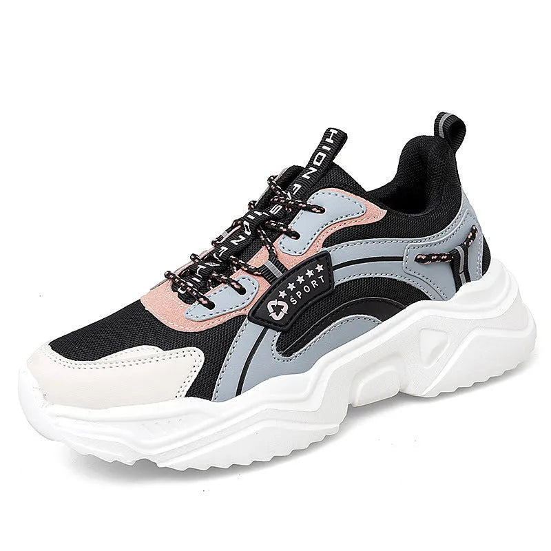 White women's casual sports shoes with mesh upper, buckle closure, and thick PU sole