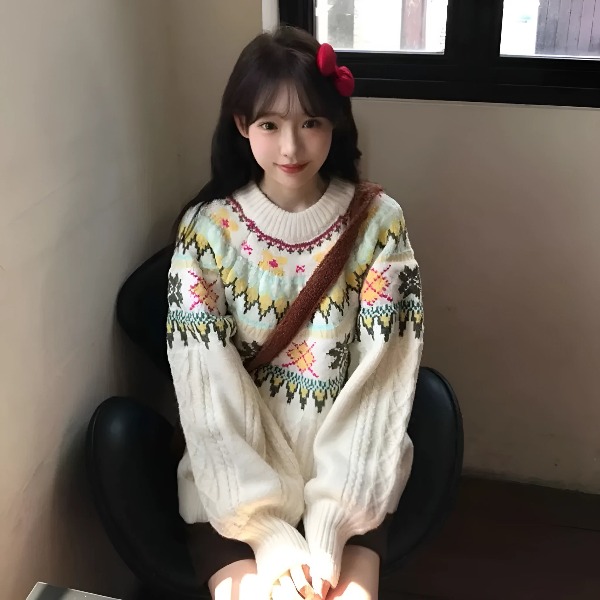 Women's milky white lantern sleeve acrylic knitwear pullover sweater on hanger