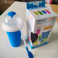 Blue silicone pinch cup for making instant slushy drinks, showing double-wall construction.