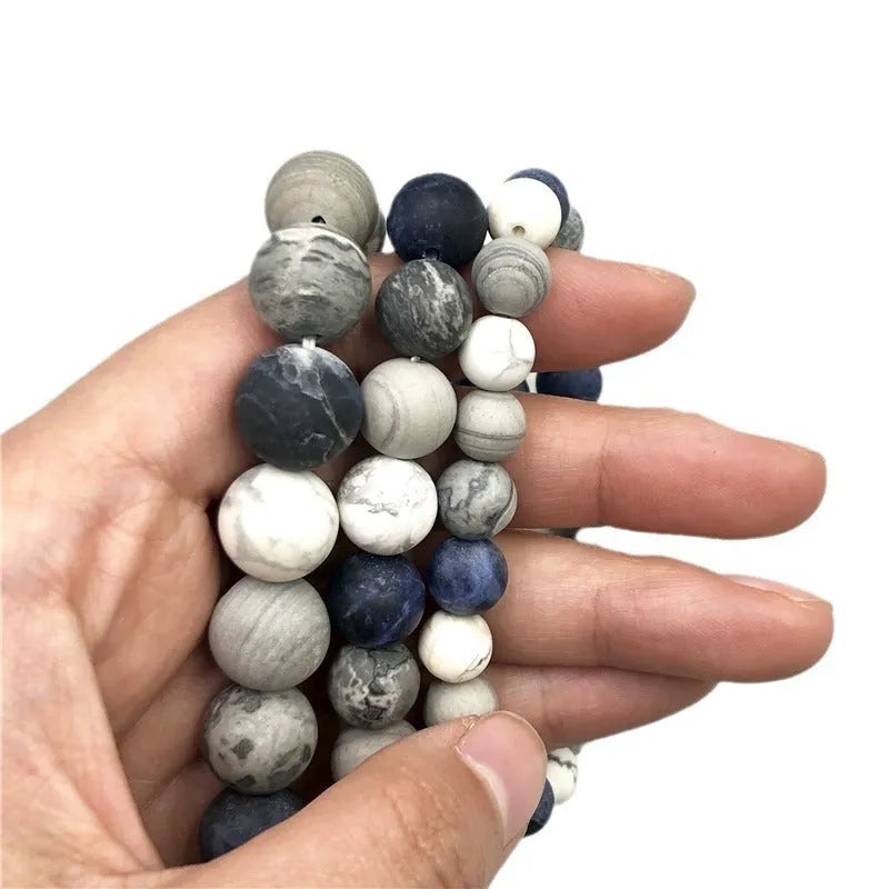 Handmade men's bracelet with planet stone starry design in U-shape, showing bead size options.