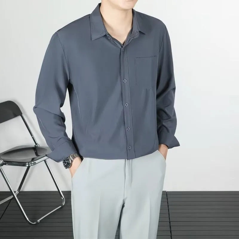 Korean-style loose fit men's long-sleeved shirt in linen and silk blend, solid colour, sizes S to 4XL