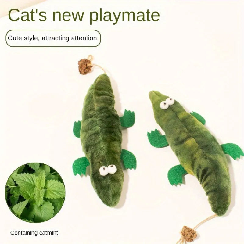 Green plush alligator-shaped cat toy with catnip and peppermint scent.