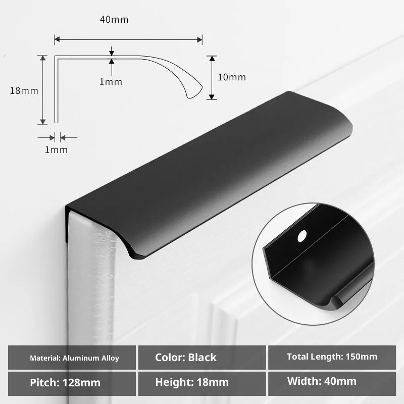 Aluminium alloy no-drill hidden cabinet handle in black finish, 200mm length, flush fit on a cabinet door