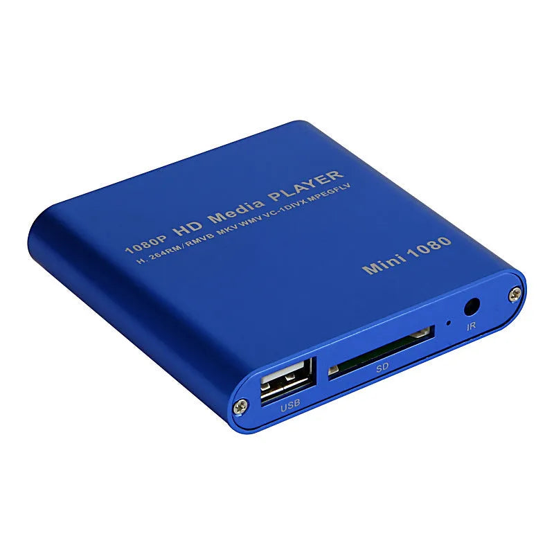 Blue or black Full HD 1080p media player with SD card slot, USB port and HDMI output