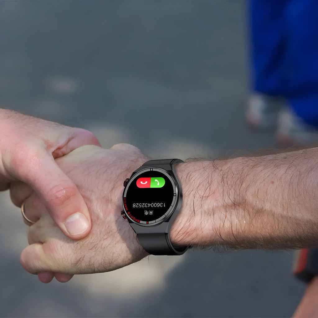 Black smartwatch with rotary key, leather strap, and 1.3-inch screen displaying health metrics.