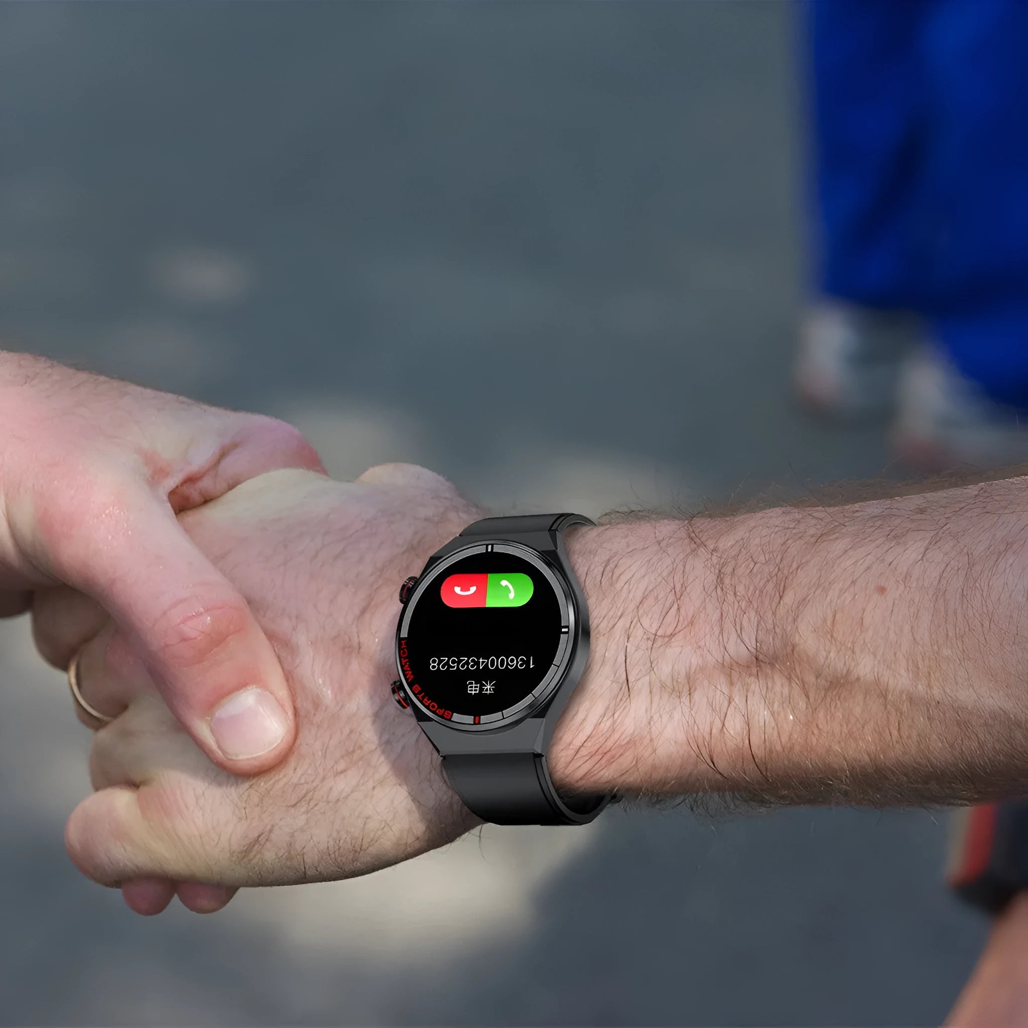 Black smartwatch with rotary key, leather strap, and 1.3-inch screen displaying health metrics.
