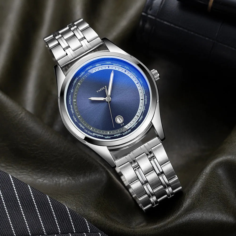 Business men's watch stainless steel luminous waterproof sports wristwatch with calendar window black blue silver