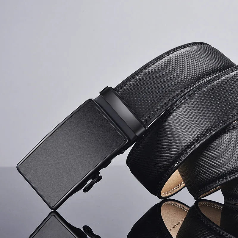 Men's black two-layer cowhide click belt with embossed striped pattern and rectangular glossy alloy buckle