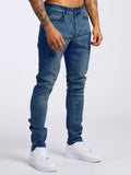 Men's fashion casual slim fit high waist jeans in light blue cotton with solid colour finish