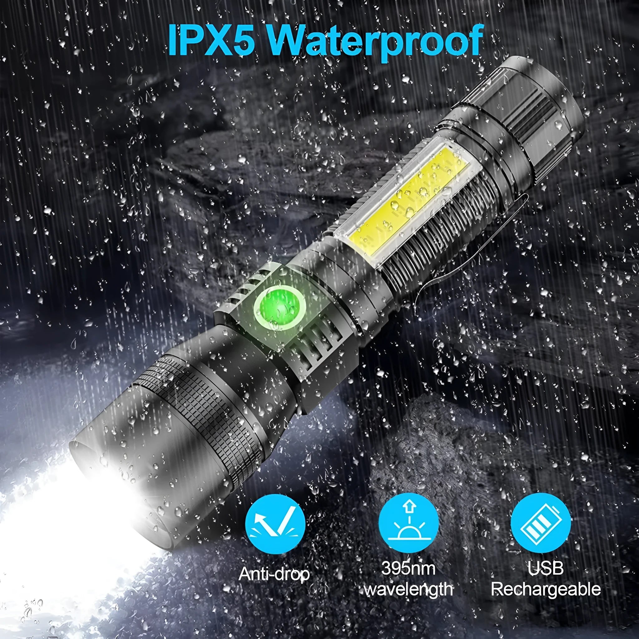 10W magnet USB rechargeable flashlight with aluminium alloy body and focusing beam on black background