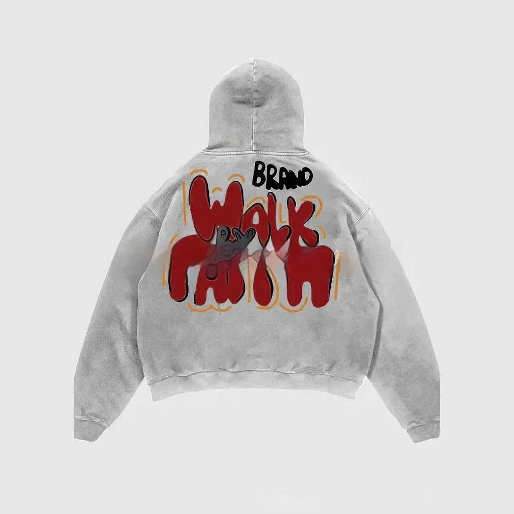 Women's granny grey hoodie with vintage letter print design and front pocket