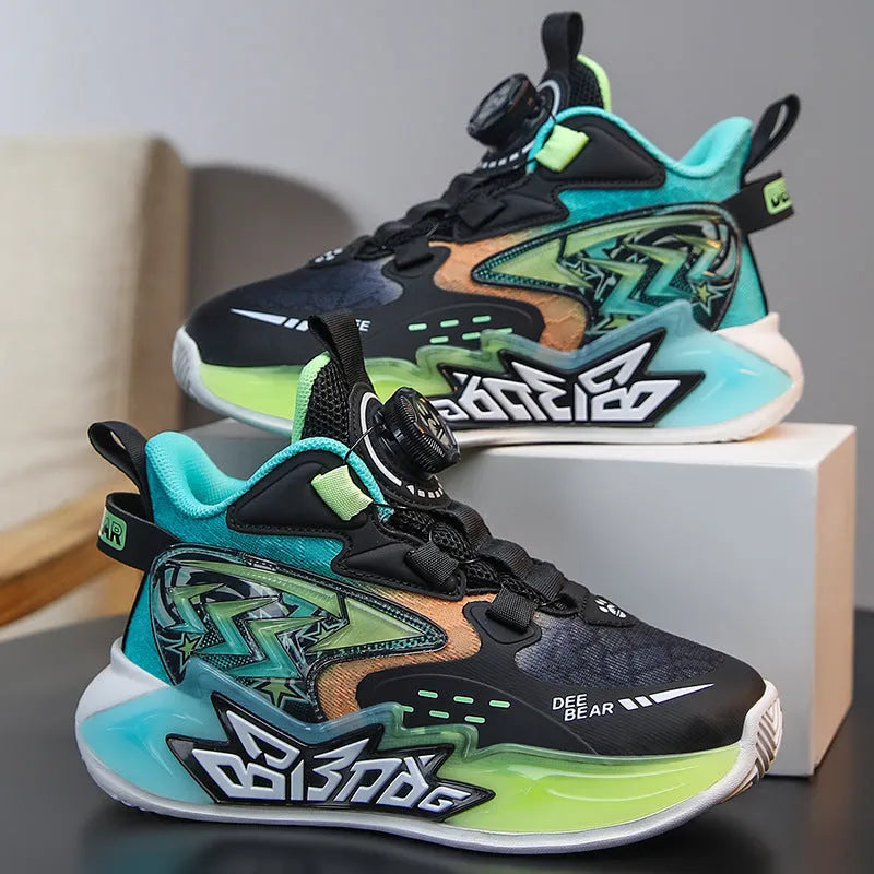 Children's mesh breathable basketball shoe in black, white blue, and purple colour options with lace-up closure