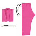 Cotton blend Brazilian jiu-jitsu gi uniform on a hanger, available in black, blue, gray, rose red, and white.