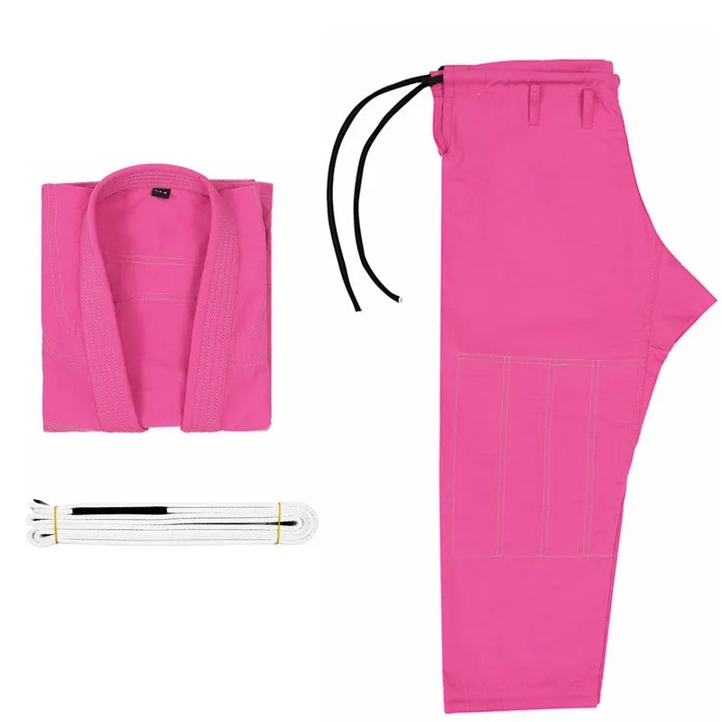 Cotton blend Brazilian jiu-jitsu gi uniform on a hanger, available in black, blue, gray, rose red, and white.
